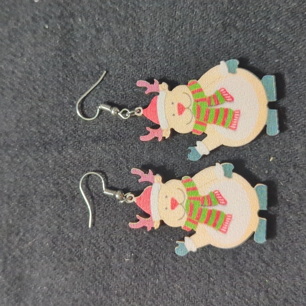 Green White Red Reindeer Christmas Holiday Wood Dangle Statement Earrings